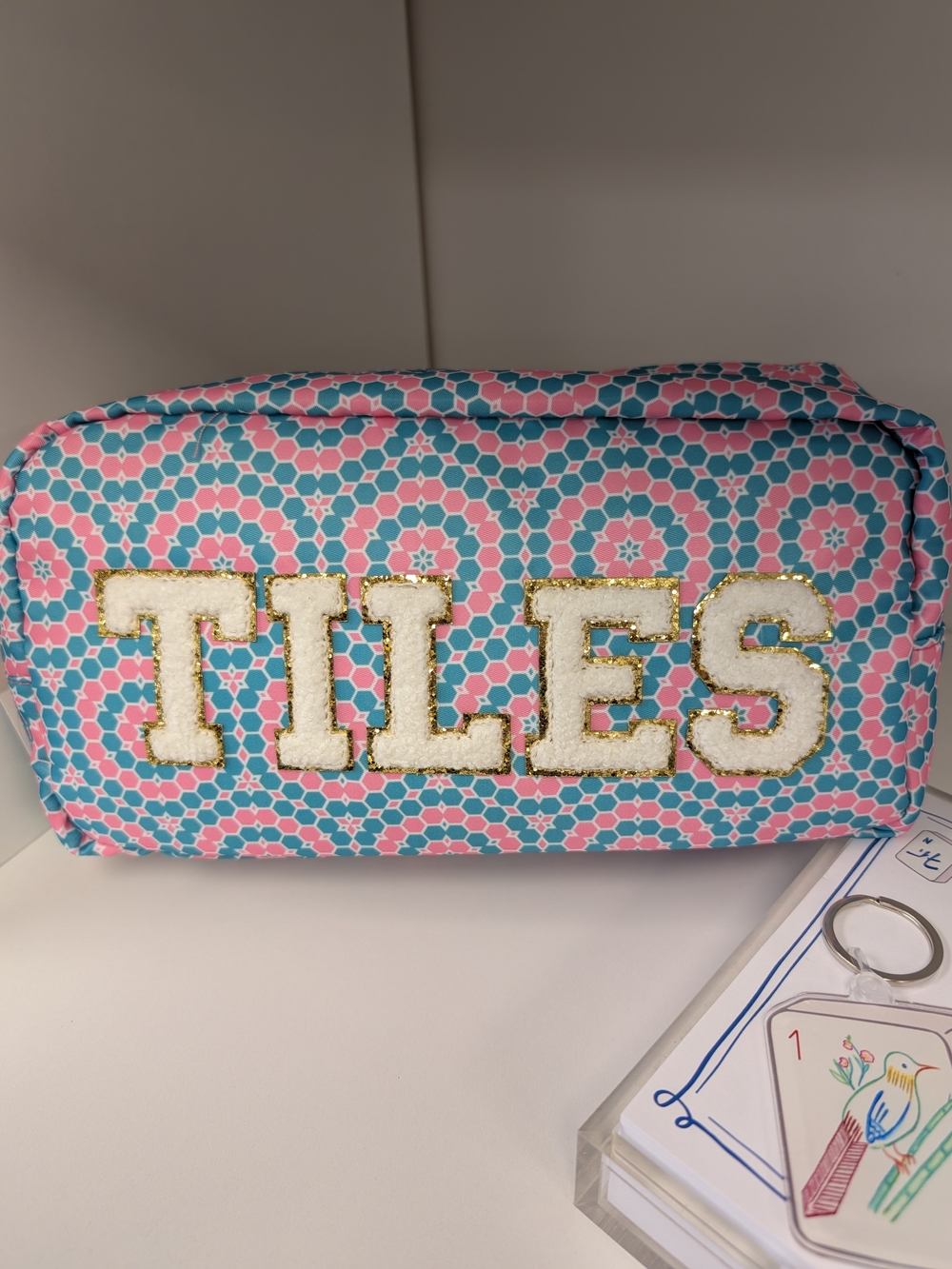 Nylon Tiles Mahj Mahjong Pouch in Pink and Teal W/ 'TILES' Varsity Letters